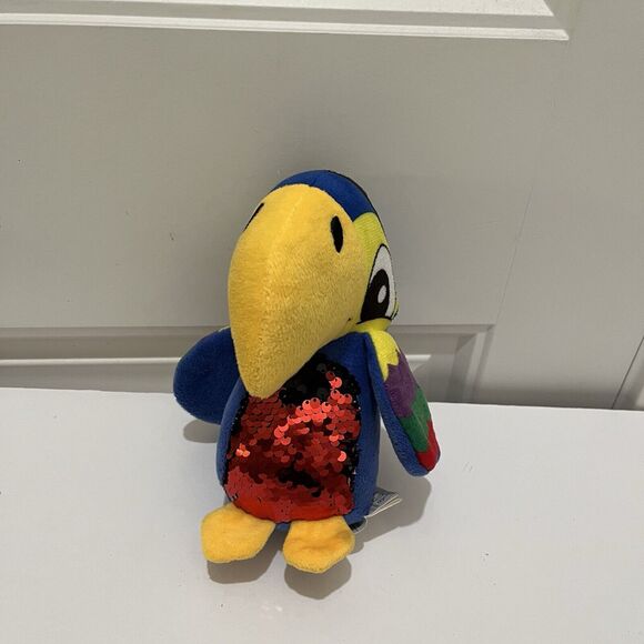 Nanco Blue Red Black Reversible Sequin Plush Pirate Parrot Bird 8" Stuffed Toy - Picture 2 of 8